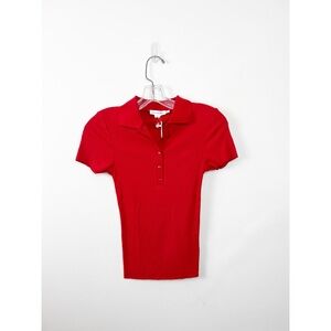 Good American Vibrant Red Ribbed Short Sleeve Polo Tee S